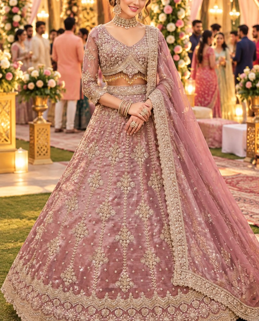 1220 - Pink Fancy Fabric Beads, Embroidered and Zari Work Readymade Lehenga Choli